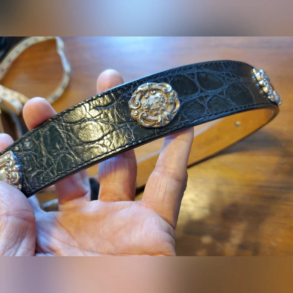 Vintage '93 Brighton Black Leather Belt Ornate Silver Buckle & Conchos Small  28